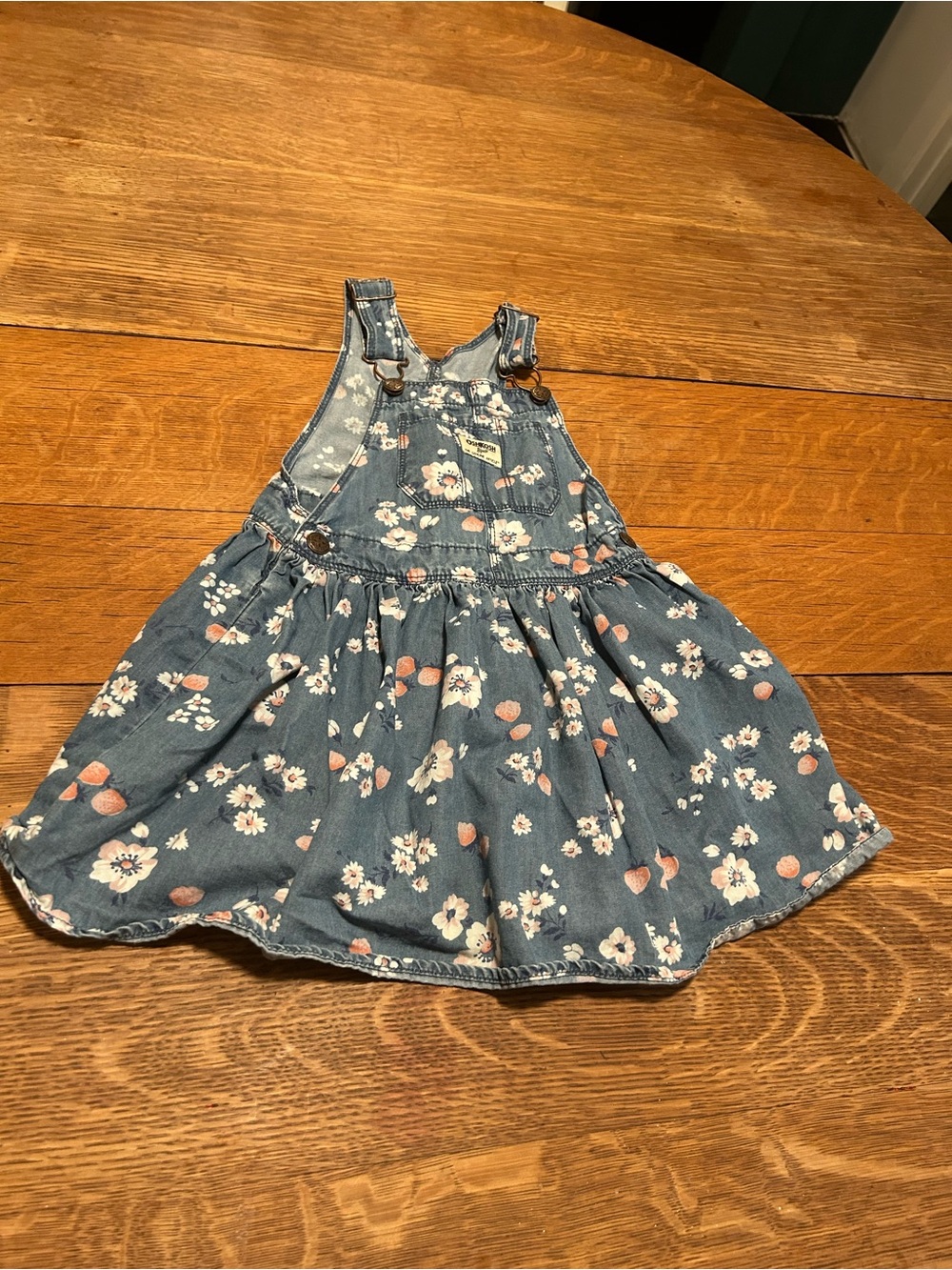 OshKosh B'gosh Denim Floral Overall Dress in Blue with Pink Accents